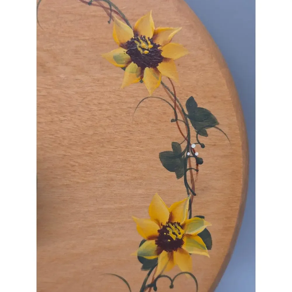 Vintage Basket Accessories Hand-Painted Wooden Basket Lid Sunflowers